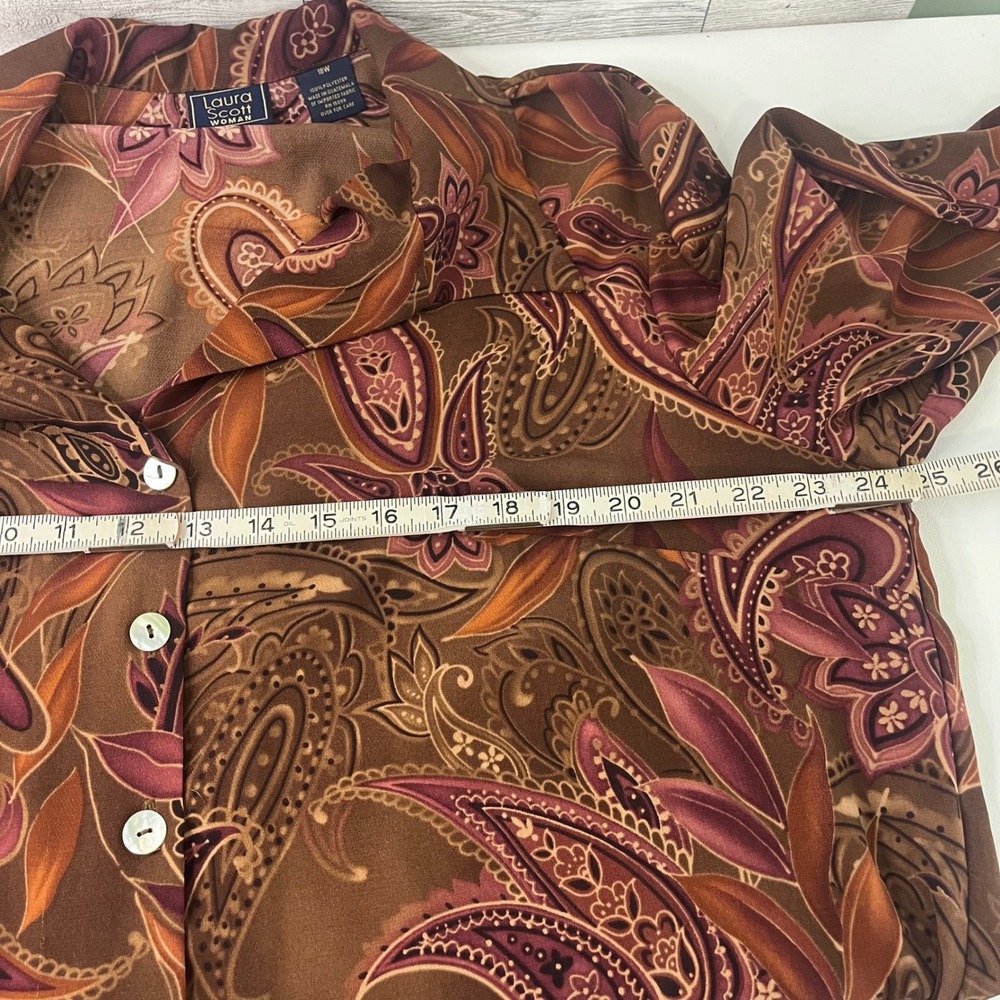 Laura Scott Blouse Women 18W Brown Paisley 3/4 Sleeve Button Front Career Top - Picture 7 of 9